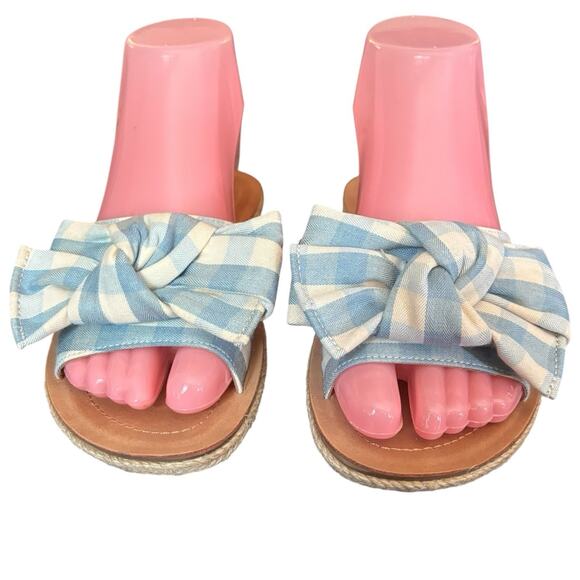 Soda Slide Sandals Blue & Cream Gingham Plaid Bows Size 5.5 Flats - Picture 2 of 7